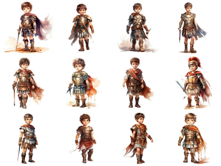 PSD a collection of watercolor illustrations of young boys dressed as roman soldiers