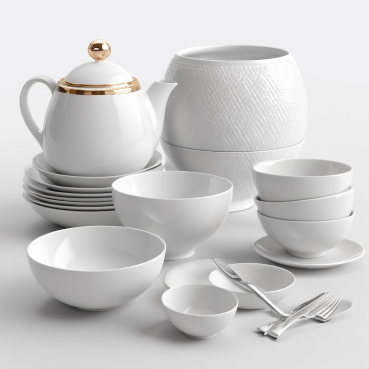 PSD a collection of white china dishes including one that has a gold top