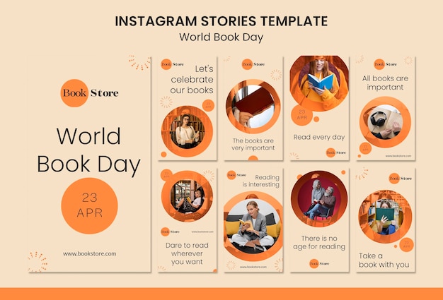 PSD raccolta di storie di instagram della giornata mondiale del libro