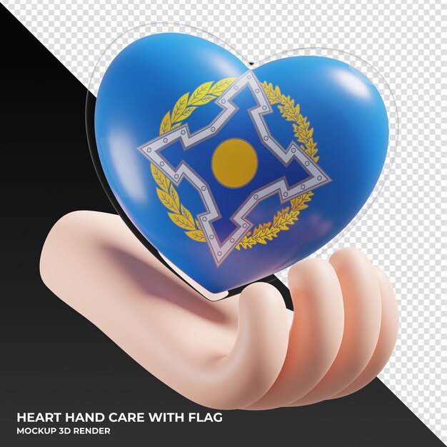 PSD collective security treaty organization flag with heart hand care realistic 3d textured