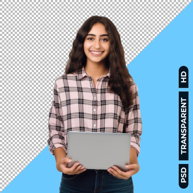 PSD Девушка из колледжа с ноутбуком в руке изолирована на прозрачном фоне