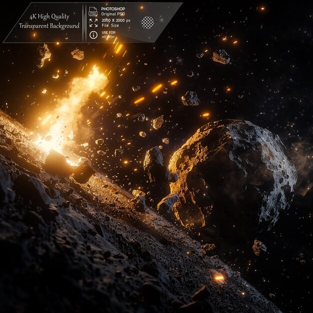 a collision between an asteroid and another object on transparent background