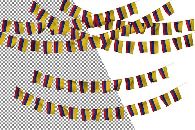 Set di decorazioni per corde con stamina della bandiera della colombia, rendering 3d per la celebrazione della piccola bandiera