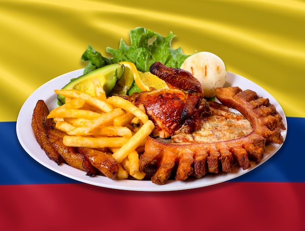 Colombian food with the Colombian flag in the background