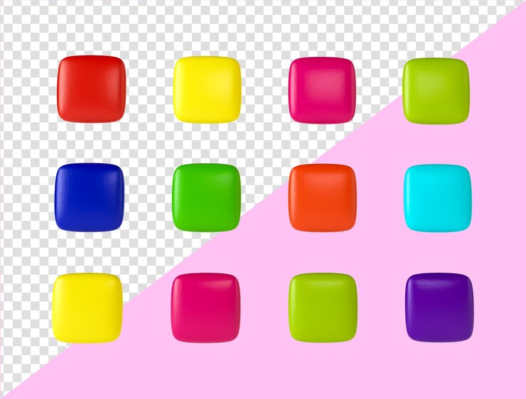 PSD color candy square shape colorful chocolate candy pills isolated on white background top view
