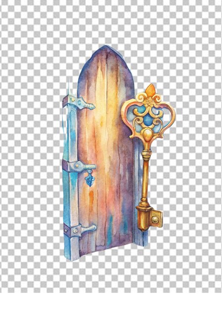 PSD color illustration forged key in the door isolated on transparent background