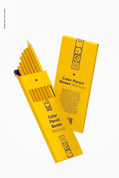 color pencils boxes mockup, falling