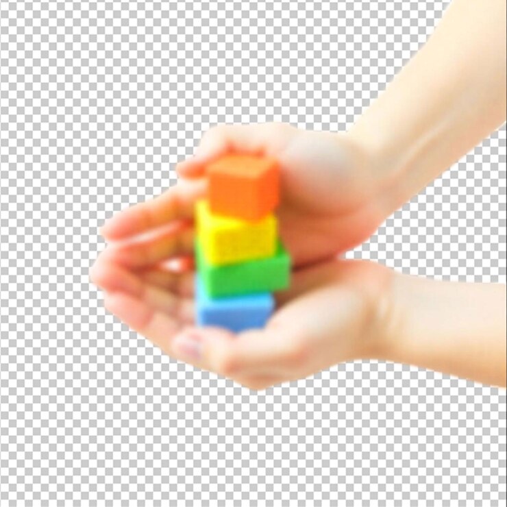PSD color plastic blocks with hand isolated on the blank background