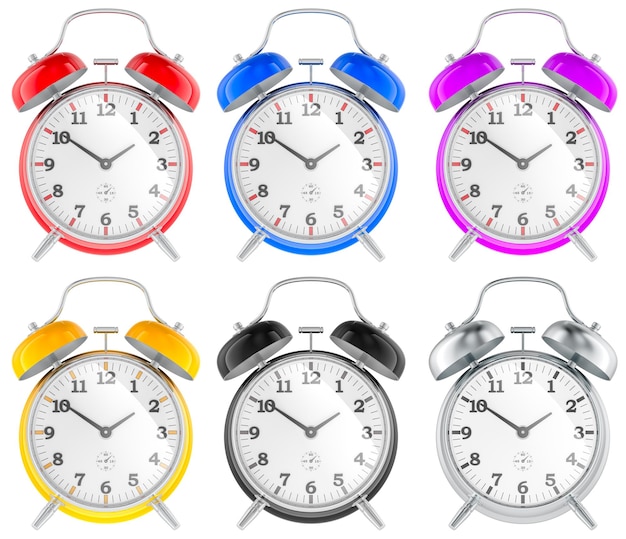 Colored alarm clocks front views 3D rendering isolated on transparent background