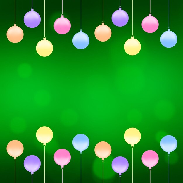 PSD colored christmas balls hanging from above and below on a green background