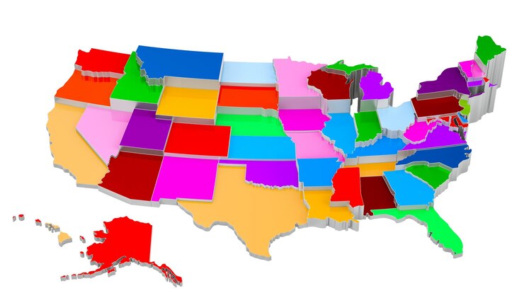 PSD colored the united states of america map with state borders 3d rendering isolated on transparent background