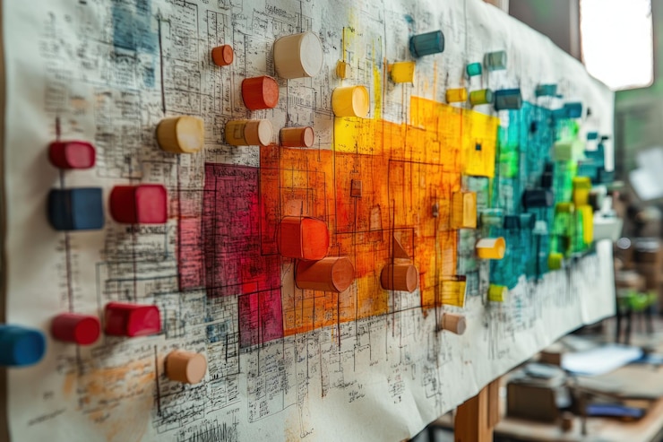 PSD colorful 3d geometric shapes on a blueprint with a rainbow color scheme
