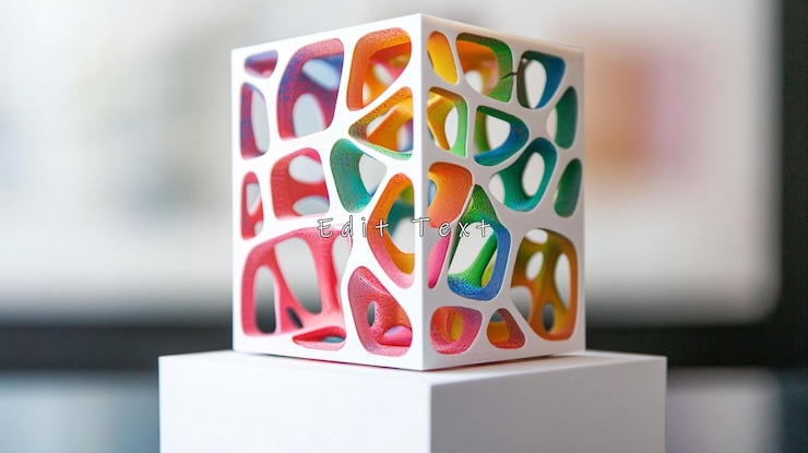PSD colorful 3dprinted abstract sculpture on white cube