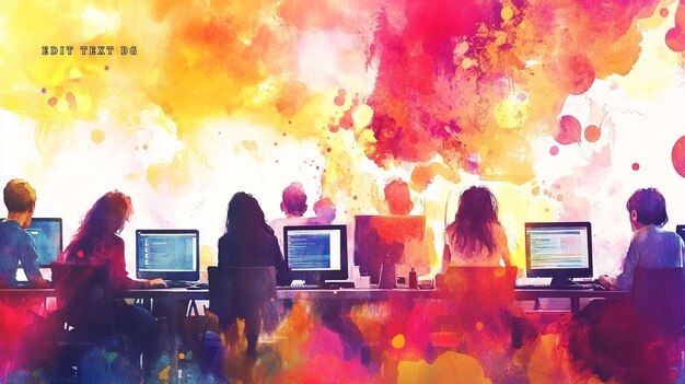 Colorful abstract art depicting a team of programmers working on computers