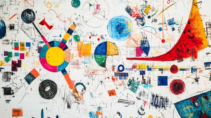 PSD colorful abstract artwork with various shapes lines and patterns on a white background