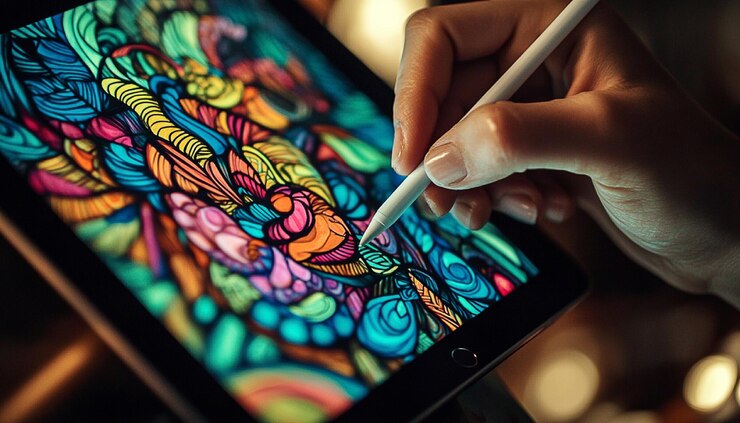 PSD colorful abstract design being created on tablet with stylus in vibrant setting