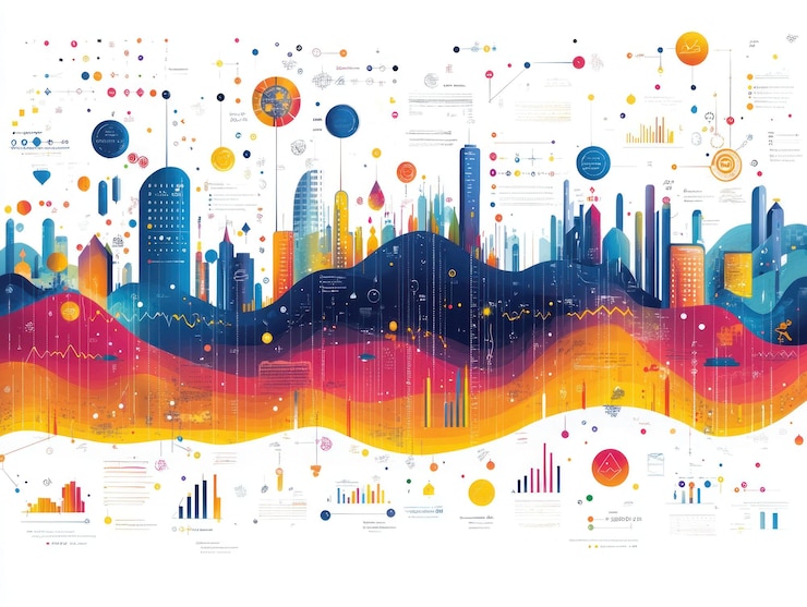 PSD a colorful and abstract illustration of a cityscape with data and graphic elements