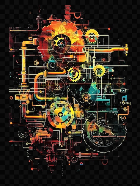 A colorful abstract illustration of a mechanical device with the words quot no quot on it