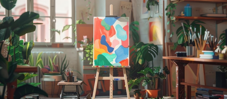 PSD colorful abstract painting on an easel in an art studio