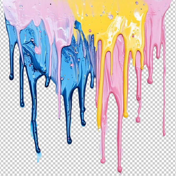 PSD colorful acrylic paint dripping with liquid drops isolated transparent background