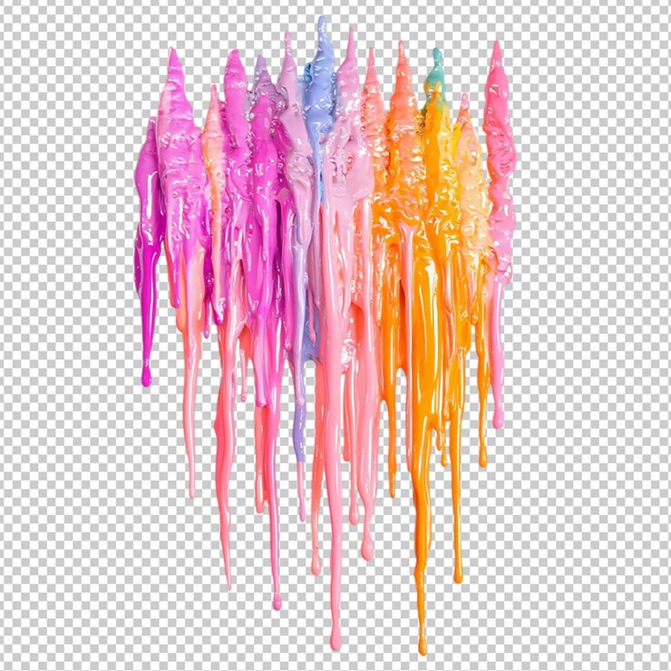 PSD colorful acrylic paint dripping with liquid drops isolated transparent background
