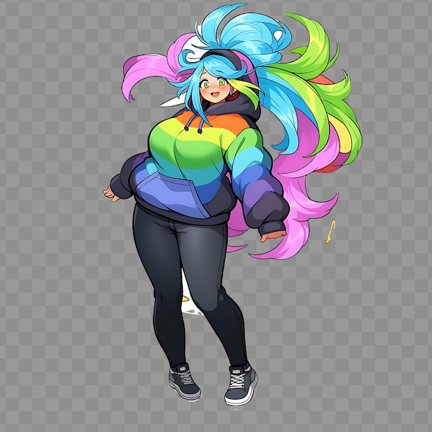A colorful anime girl with a rainbow hair style on her head