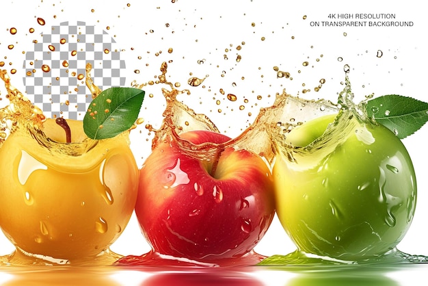 PSD colorful apple splash red green apples in juice splash on transparent background