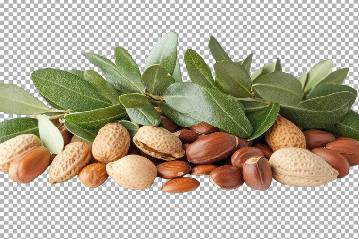 PSD a colorful assortment of nuts and green leaves arranged artfully on a bright surface