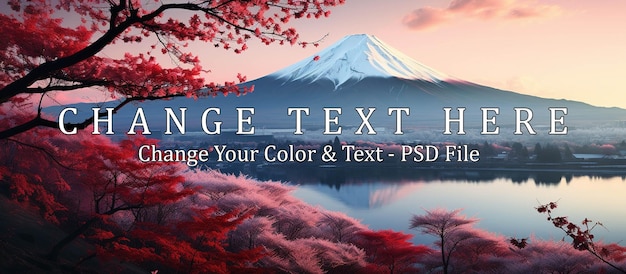 PSD 色とりどりの秋朝の霧と湖の赤い葉の富士山