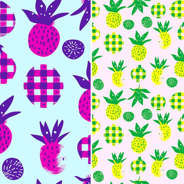 A colorful background with pineapples and purple and pink berries