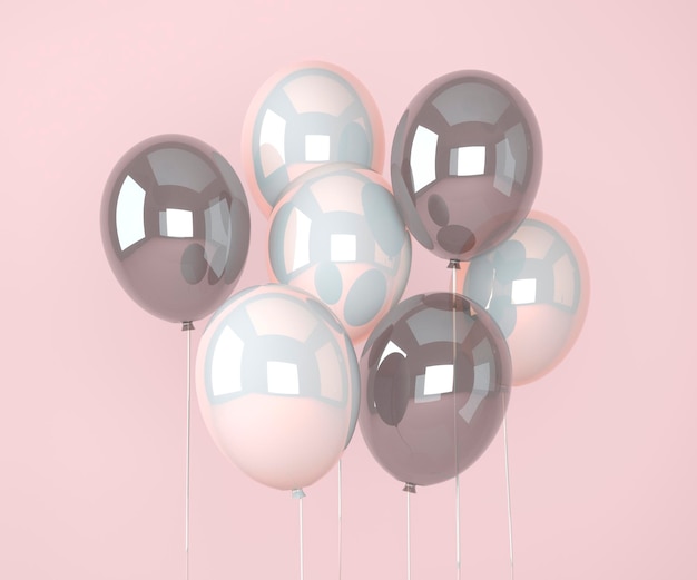 誕生日パーティーやお祝いのために飛んでいるカラフルな風船。誕生日、パーティー、バナーの3Dレンダリング。 3Dイラスト。