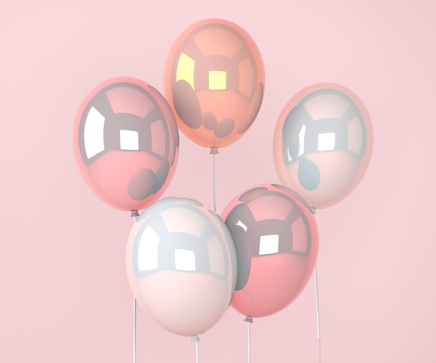 誕生日パーティーやお祝いのために飛んでいるカラフルな風船。誕生日、パーティー、バナーの3Dレンダリング。 3Dイラスト。