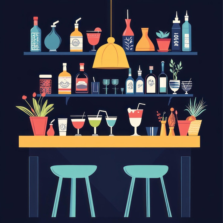 PSD colorful bar interior with shelves bottles cocktails and stools