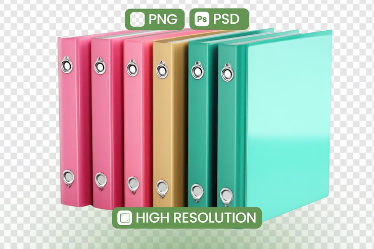 PSD colorful binders showcase a vibrant collection of office organization tools for efficient document management and workspace aesthetics featuring highresolution png and psd downloads