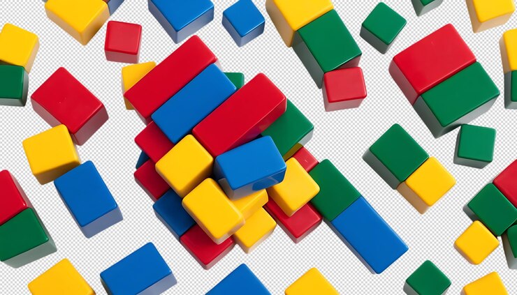 PSD colorful blocks scattered on a white background perfect for construction and play