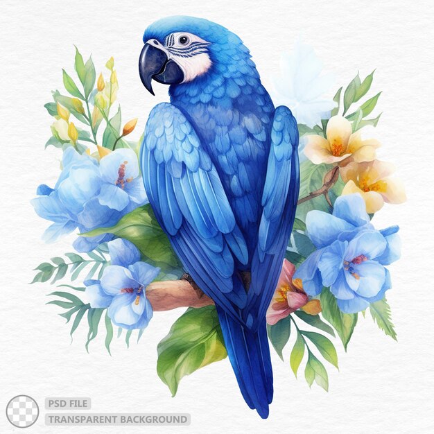 Colorful blue parrot perched on lush tropical plant