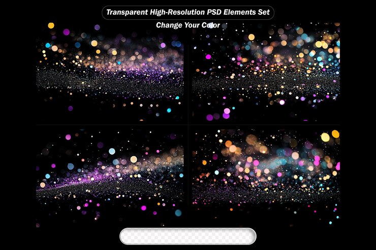 PSD colorful bokeh light effects set for creative designs and overlays