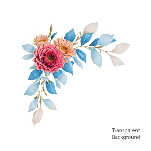 PSD colorful bouquet flowers and blue leaves bouquet illustration transparent background