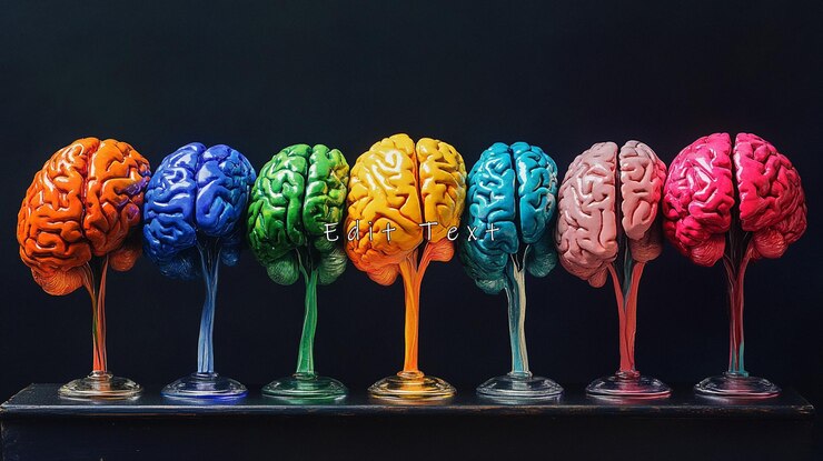 PSD colorful brain models arranged like trees on a dark background