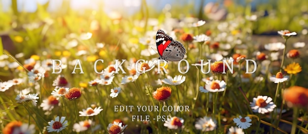 PSD colorful butterflies in flower field