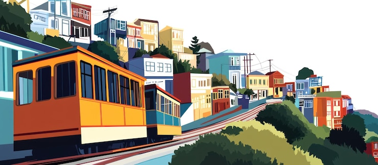 PSD colorful cable car ascending a hill in a city with vibrant houses