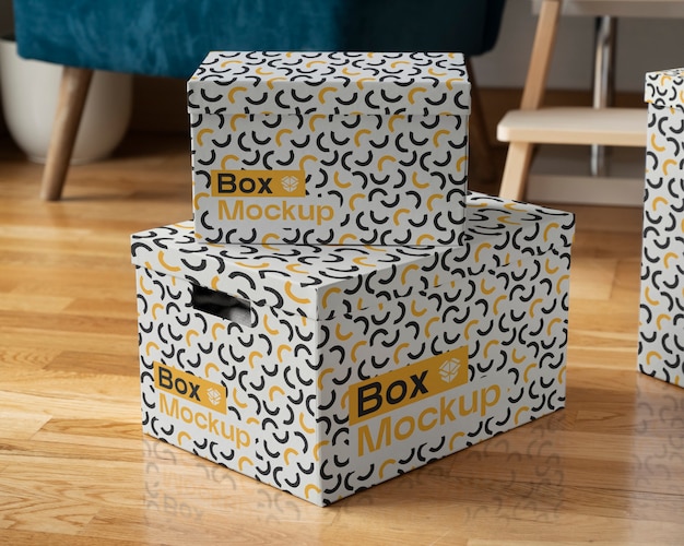 PSD colorful cardboard storage box with geometric pattern in room