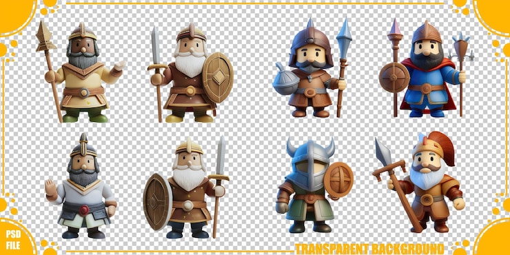 PSD colorful cartoon warriors in various poses