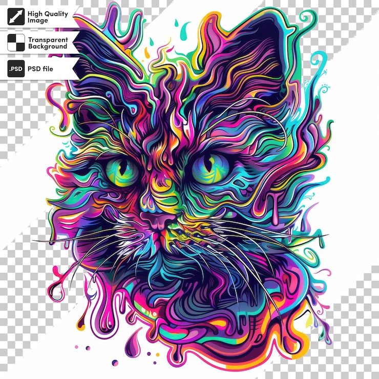 PSD カラフルな顔のカラフルな猫がカラフルに描かれています