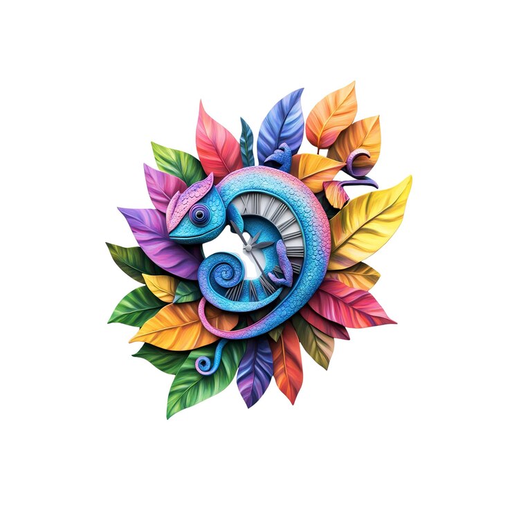 PSD colorful chameleon clock surrounded by vibrant leaves