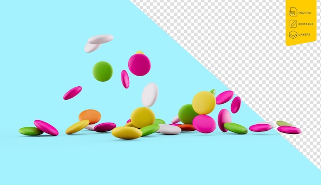 PSD caramelle colorate di cioccolato 3d rainbow candy beans su sfondo blu illustrazione 3d