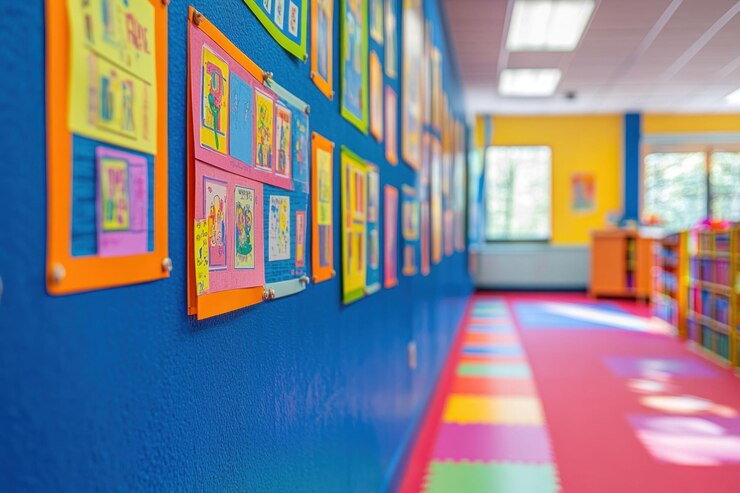 PSD colorful classroom hallway with childrens artwork and bright furniture