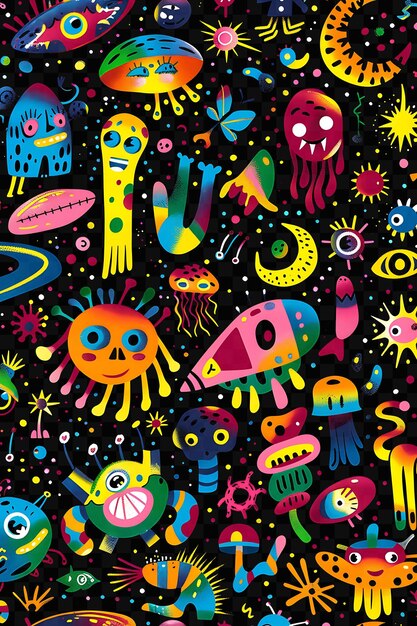 A colorful collection of monsters and aliens with a black background