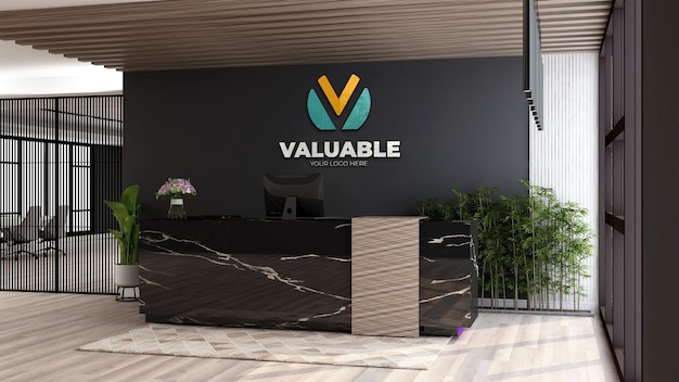 Colorful company brand logo mockup in the office reception or front desk