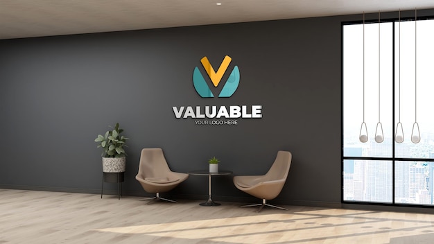 Colorful company logo mockup in the modern office lobby waiting room